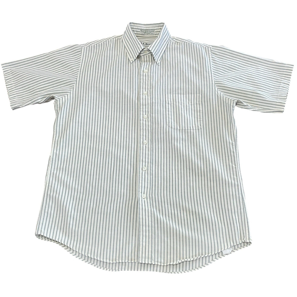 Vtg LL Bean Short Sleeve Shirt Sz 16 Button Gray Striped Oxford USA Casual Work